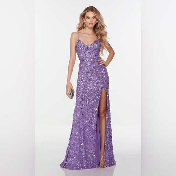 New! Maddison James Purple Sequin Lace up Back High slit Gown 💜 sz 10